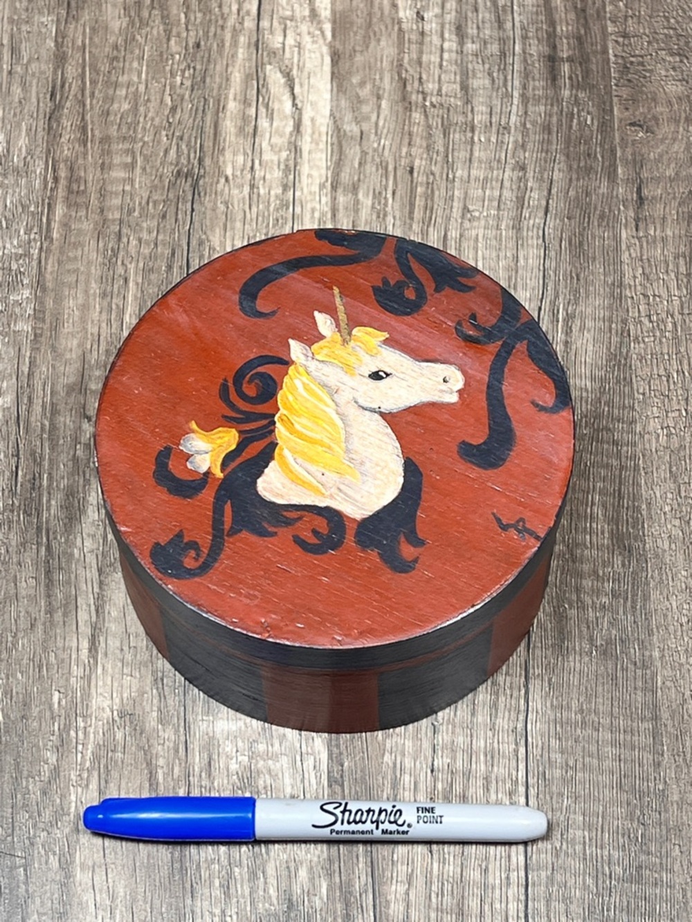 Vintage Wood Splint Round Box with Unicorn Painted by my Mom in the 1980s